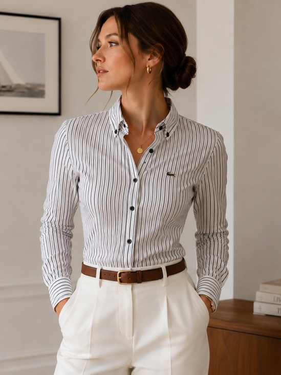 Lacoste Tops - Lacoste White & Black Pinstripe Stretch Button Down Shirt Tailored Fit 40